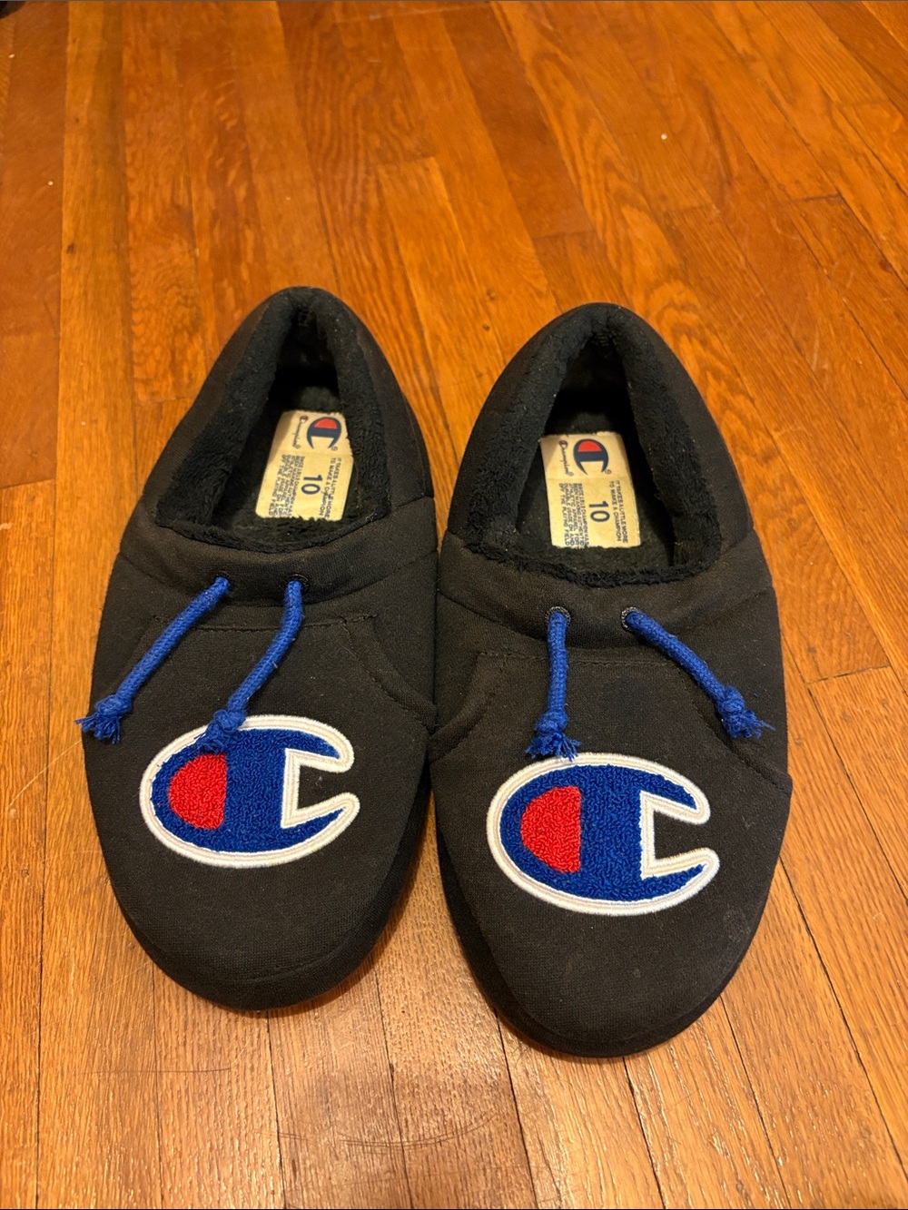 Champion Black Slip-On Logo House Shoes with Blue and Red Accents